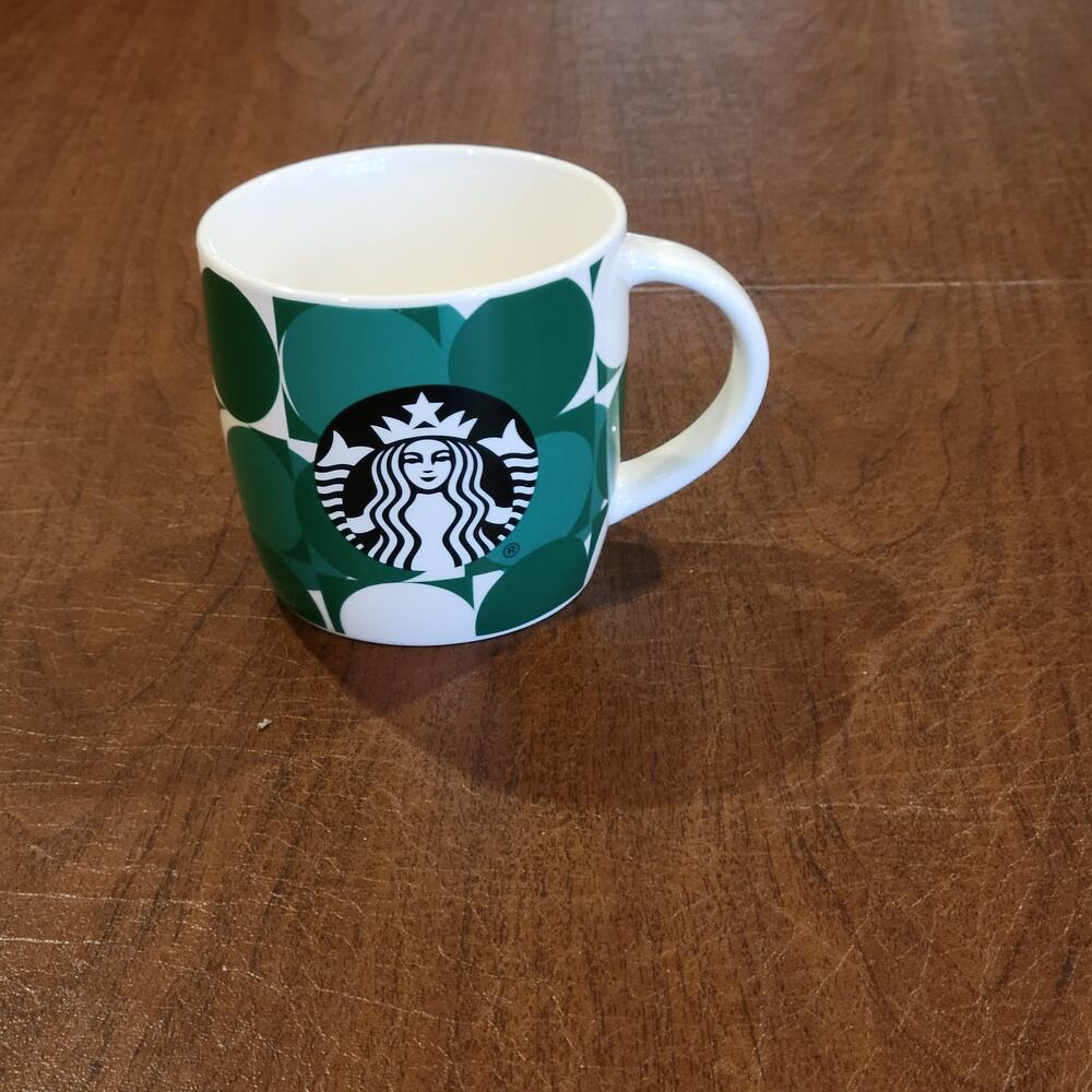 Starbucks Coffee Mug 14 Ounces Geometric White with Green Circles and Black Logo